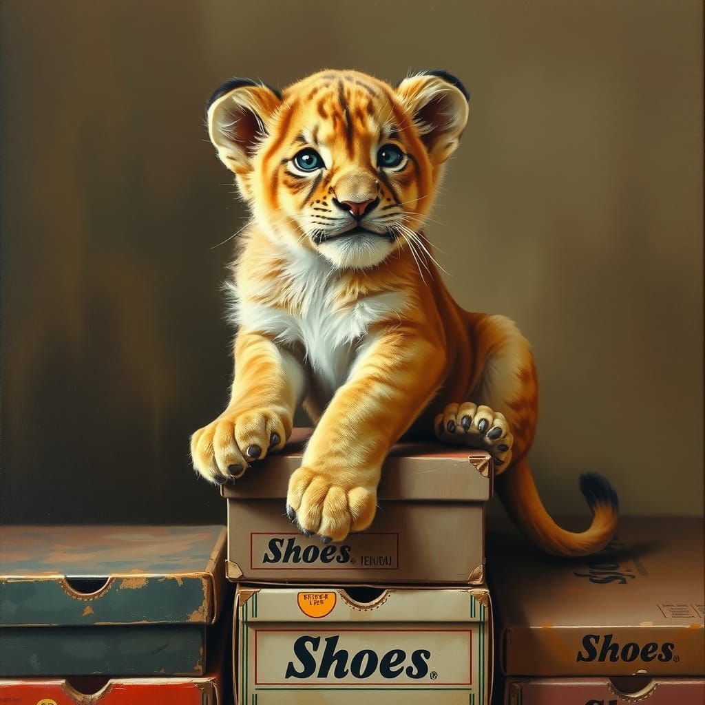 Lion Cub Guarding Vintage Shoe Collection, Oil Painting