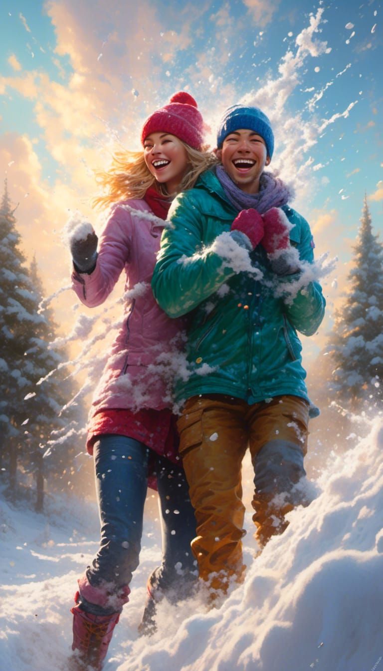 Lovers' Winter Snowball Fight in Splash Art Style