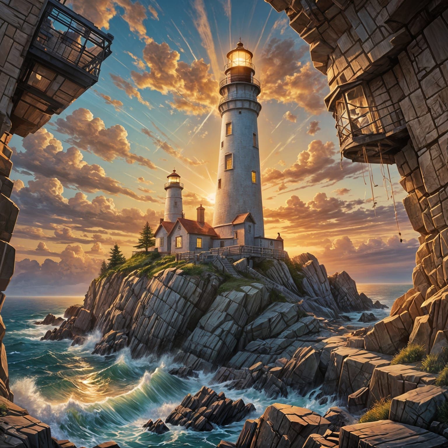 Dramatic Lighthouse Concept Art with Colorful Lighting