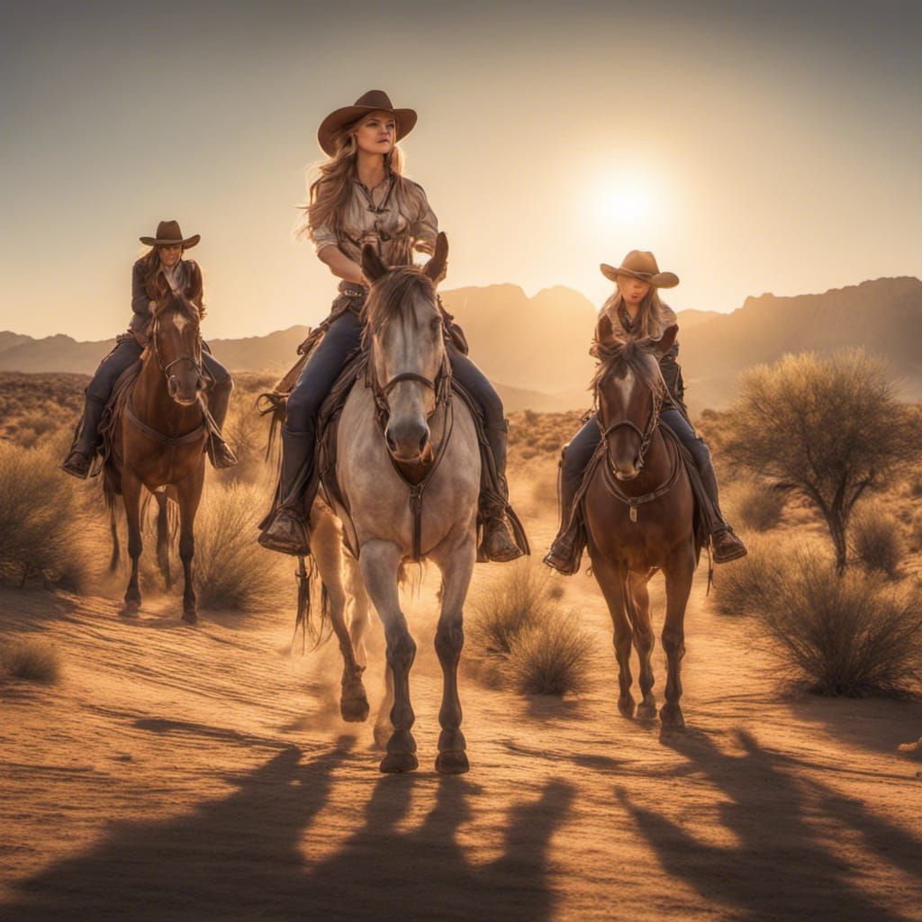 Cowgirls Entertaining Cowboy in Desert Golden Hour