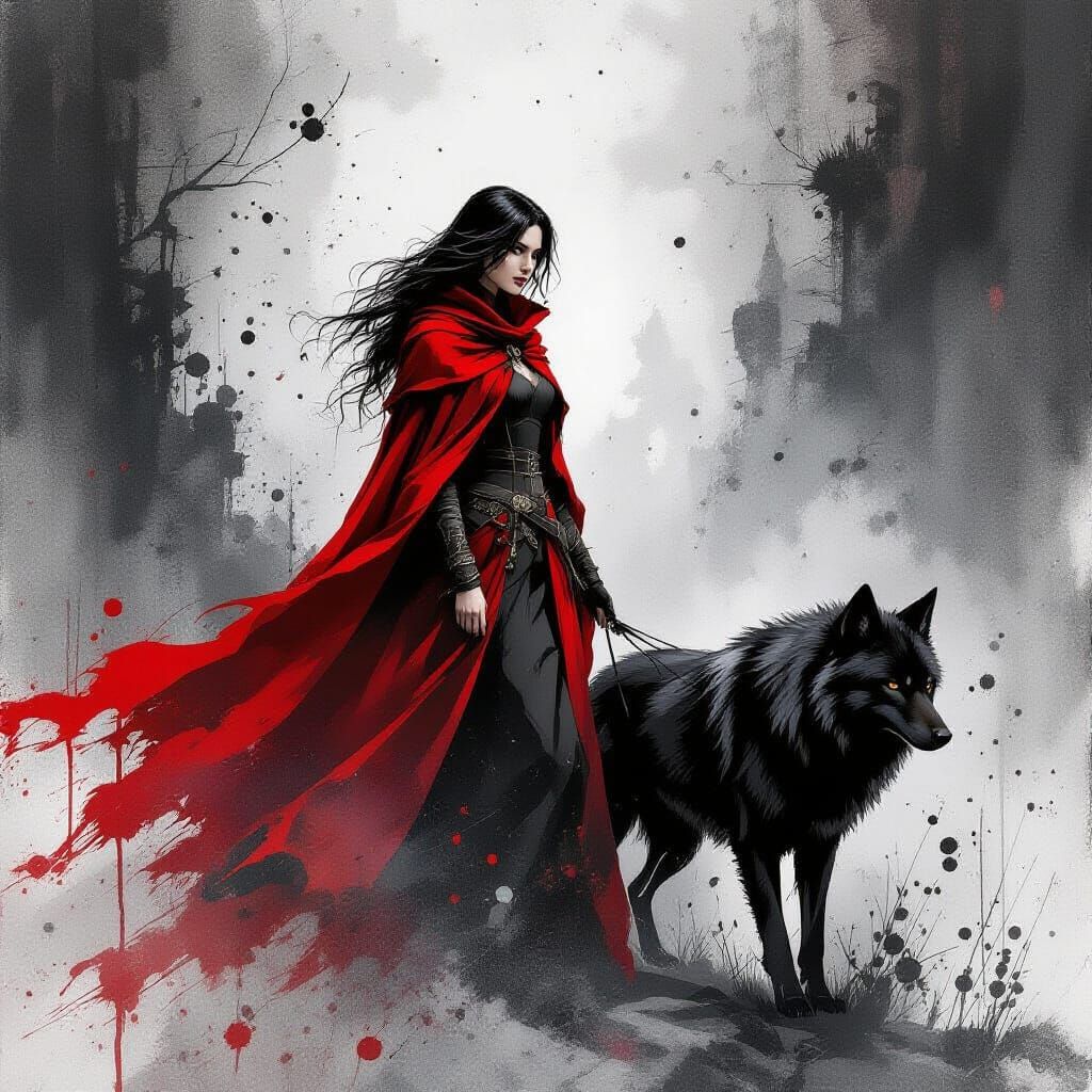 Red Cloaked Woman With Wolf in Monochrome Ink Style