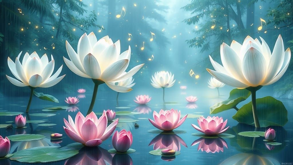 Enchanted Lotus Garden on Rainy Day