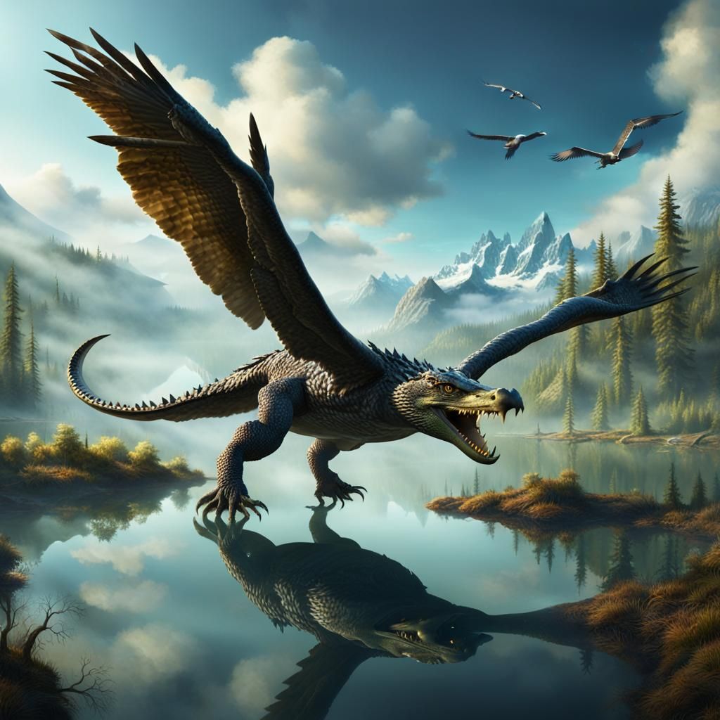 Eagle-Crocodile Hybrid Creature Soaring Over Lake