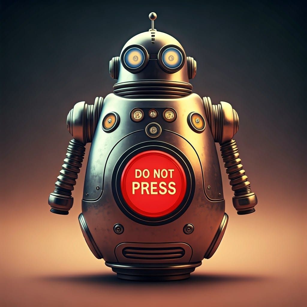 Robotic Character in Pixar-Inspired CGI with Red Panic Butto...