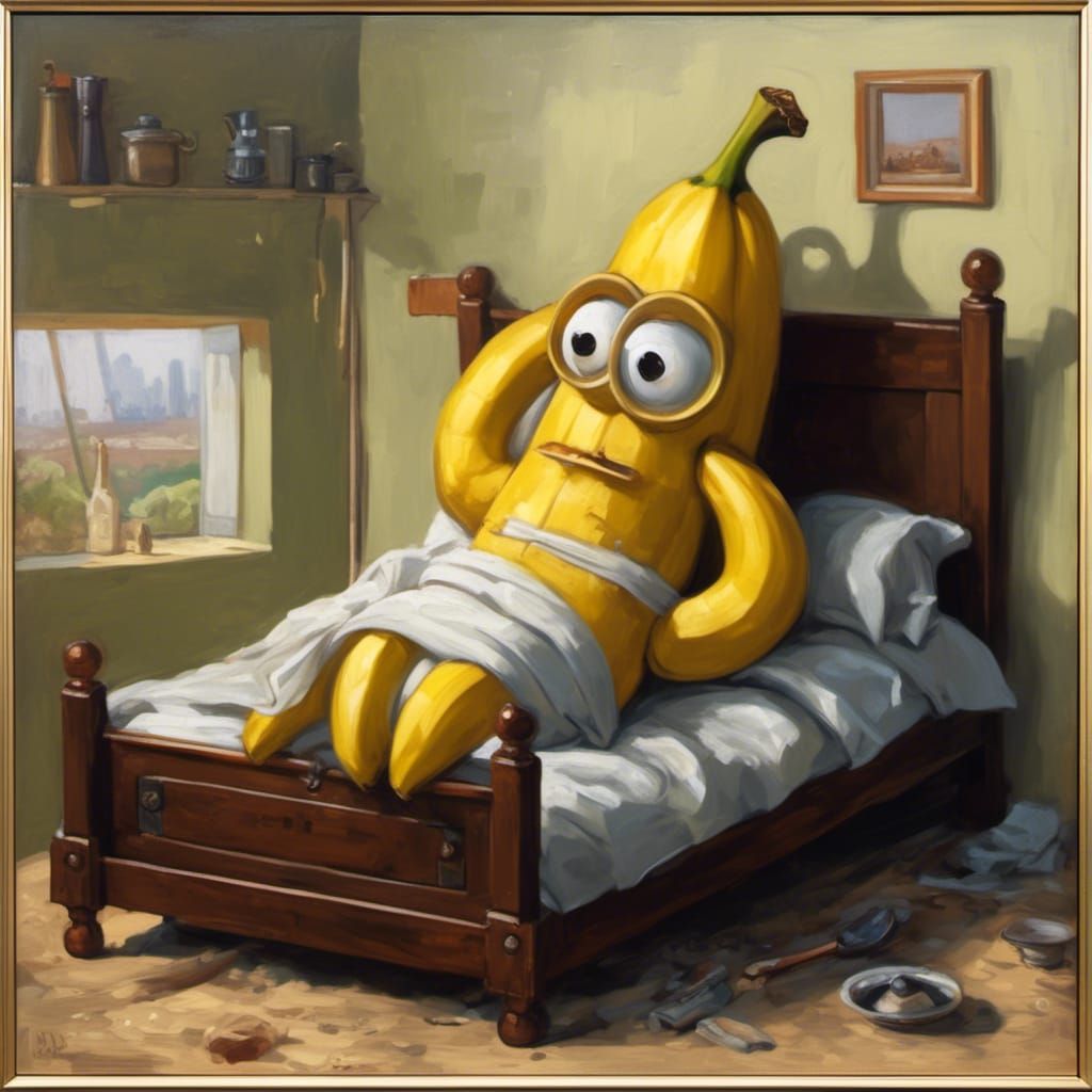 Sad Banana in Bed: Oil Painting