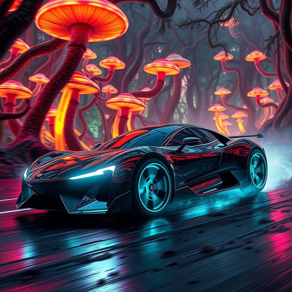 Futuristic Car Races Through Bioluminescent Neon Forest