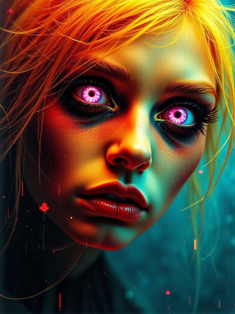 Glitching Horror Scene in Orange and Teal