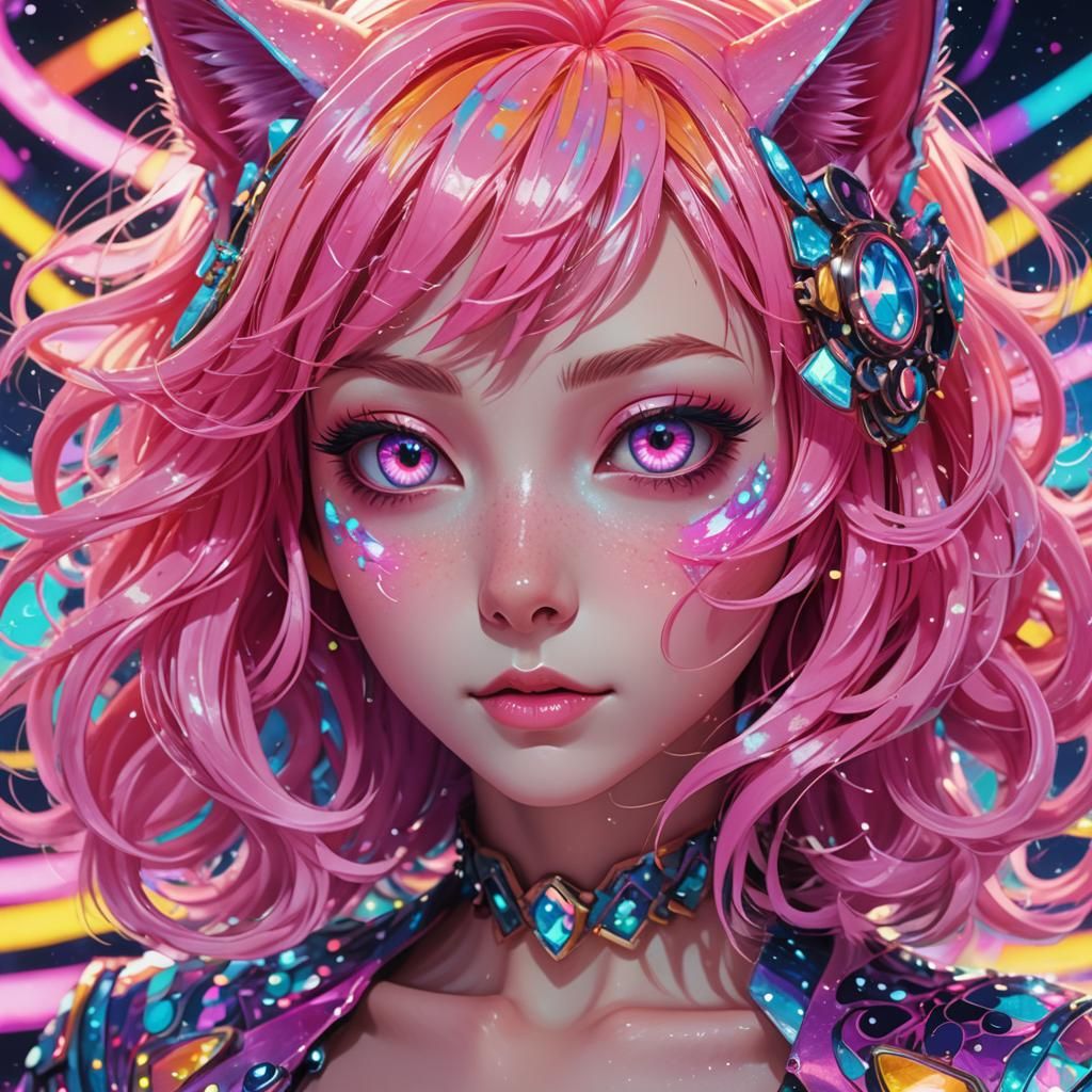 Psychedelic Anime Catgirl in Japanese Pop Art Style
