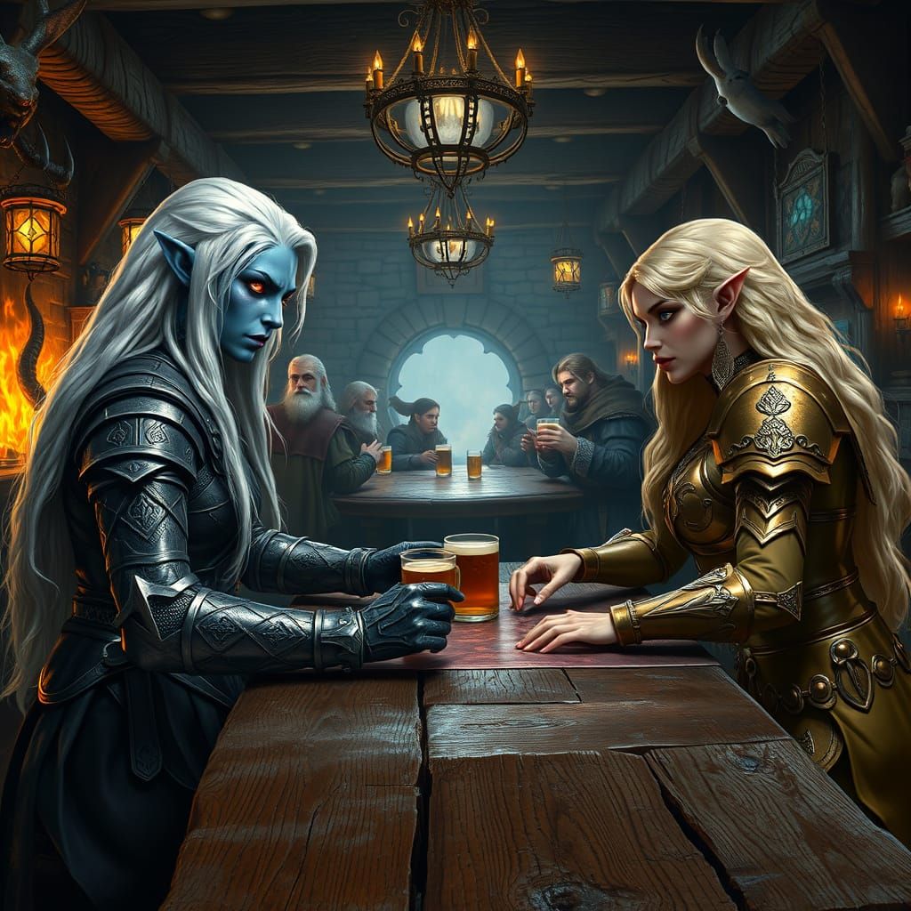 Surreal Medieval Fantasy Scene with Drow and Elf Warriors in...