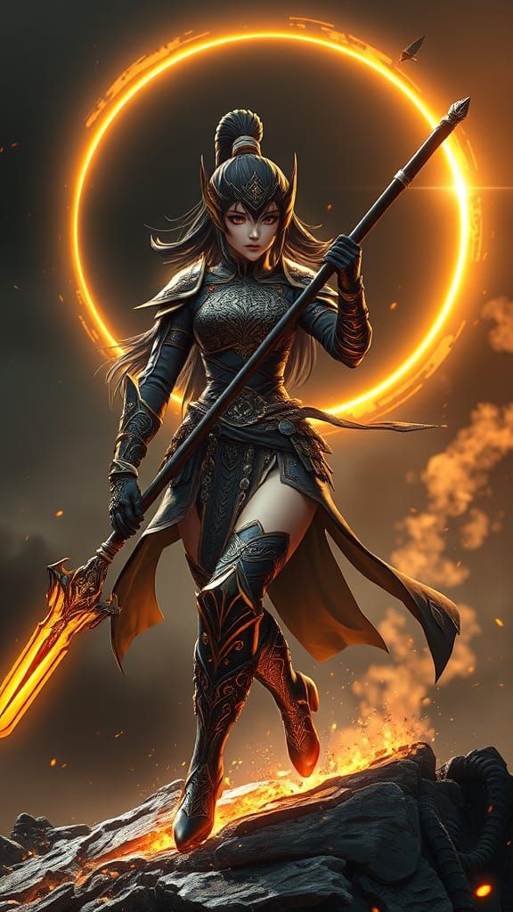 Obsidian Armored Warrior with Golden Spear in Anime Style