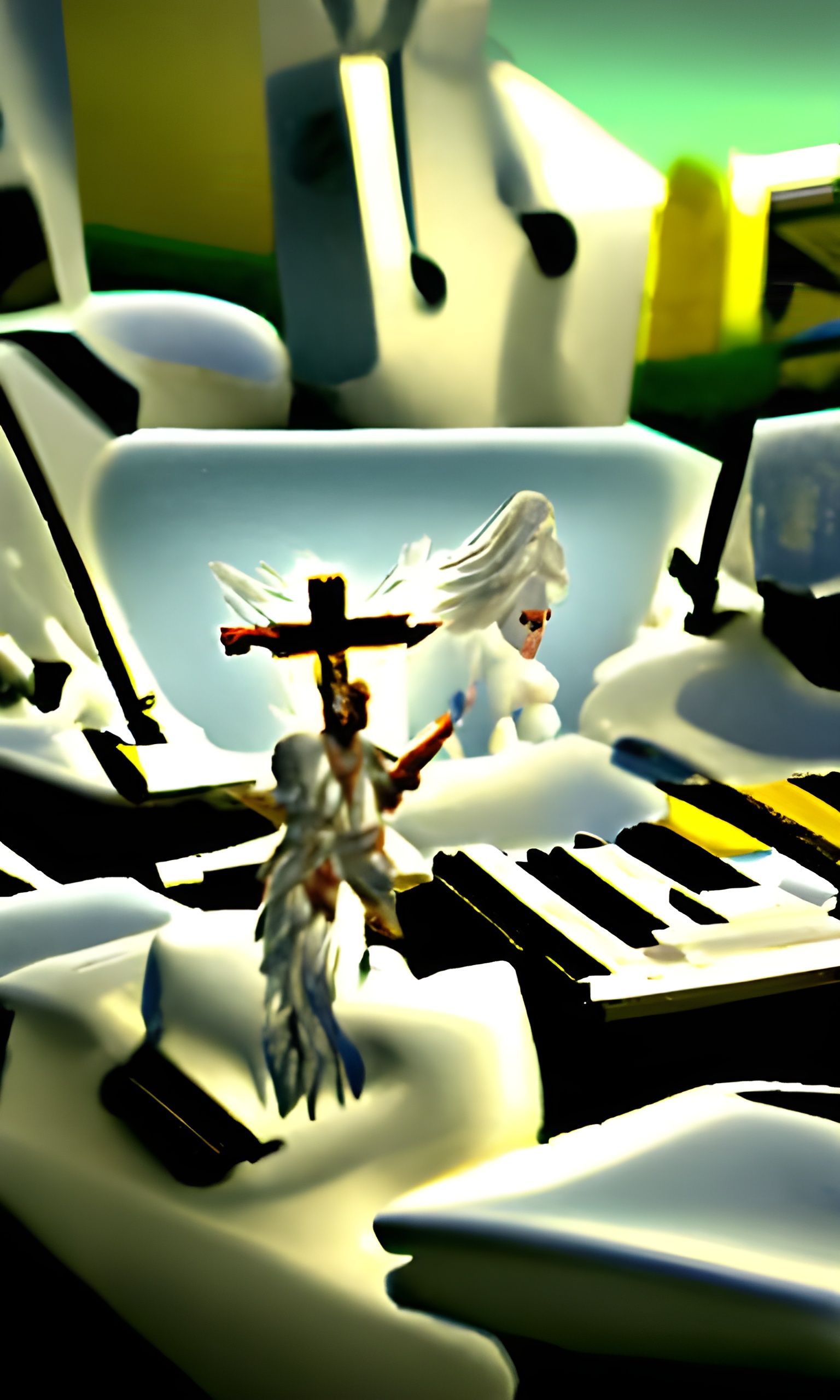 QGod playng piano, beautifull white fury angels dancing, realistic wonderland with crosses all over,Jesus on cross looki...