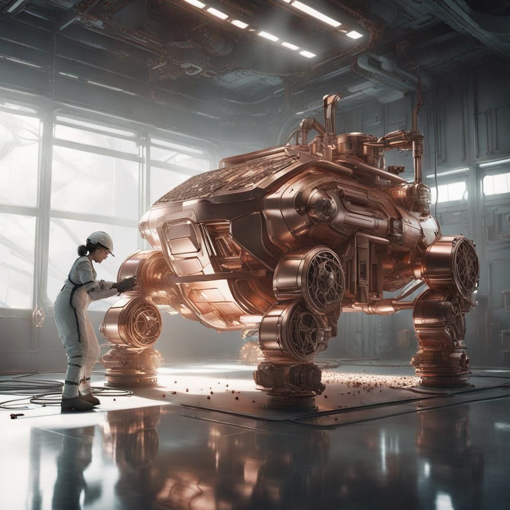 Futuristic Copper Chamber with Cleaning Workers