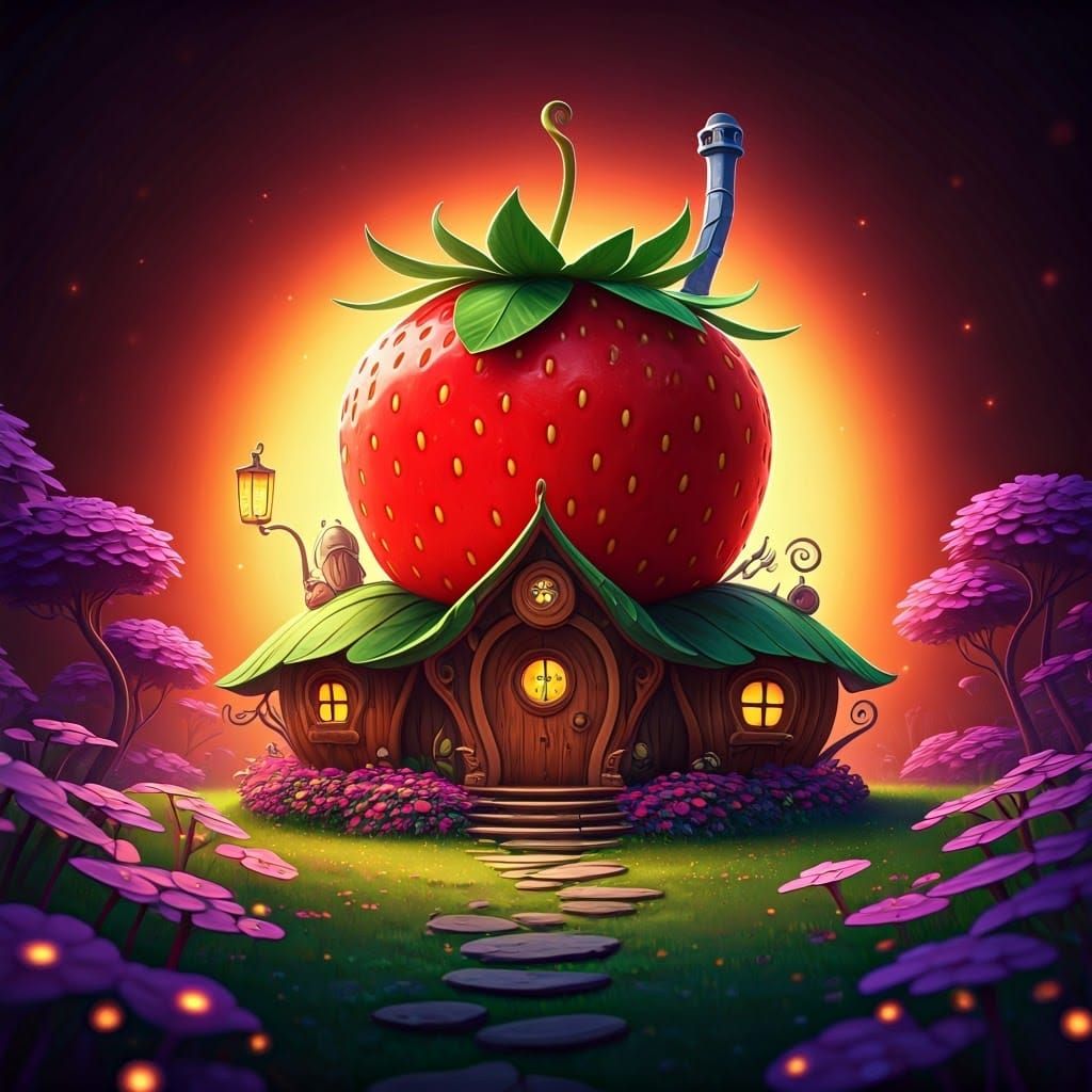 Whimsical Strawberry House in Radiant Bioluminescent Forest