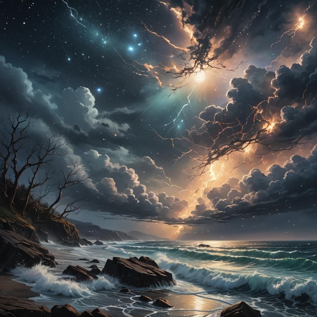 Dramatic Starry Night Seascape in Splash Art Style