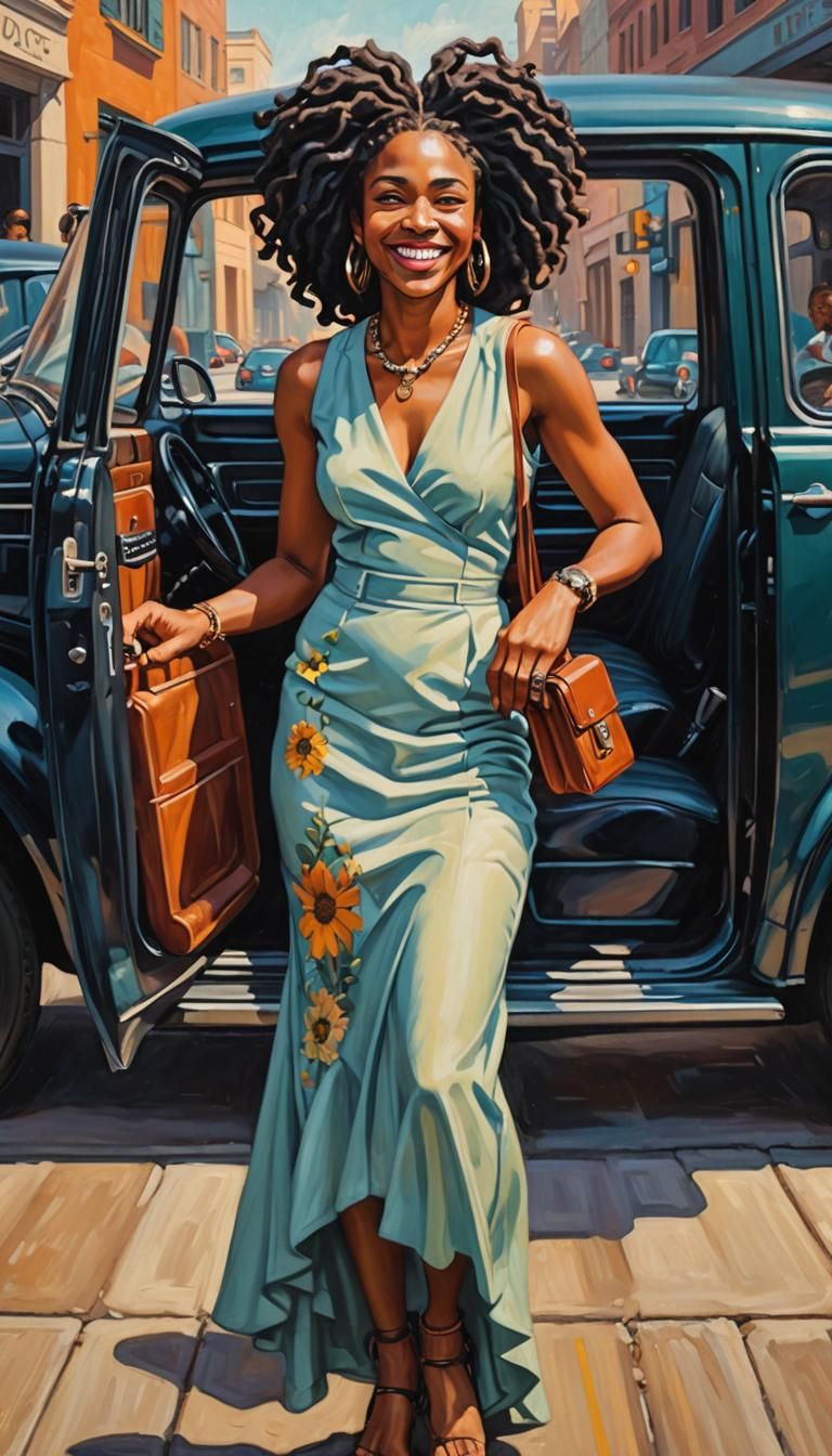 Smiling Woman in Uber: Art Deco Oil Painting