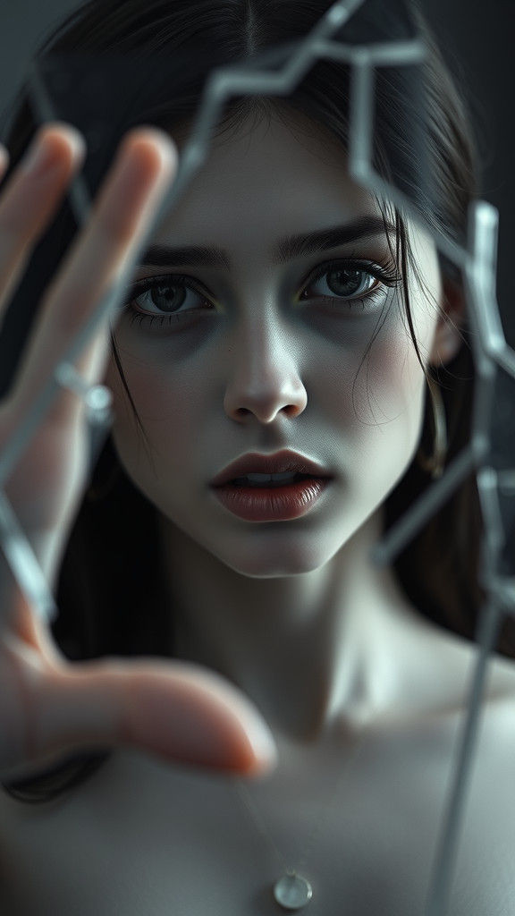 Woman Behind Broken Glass in Grayscale