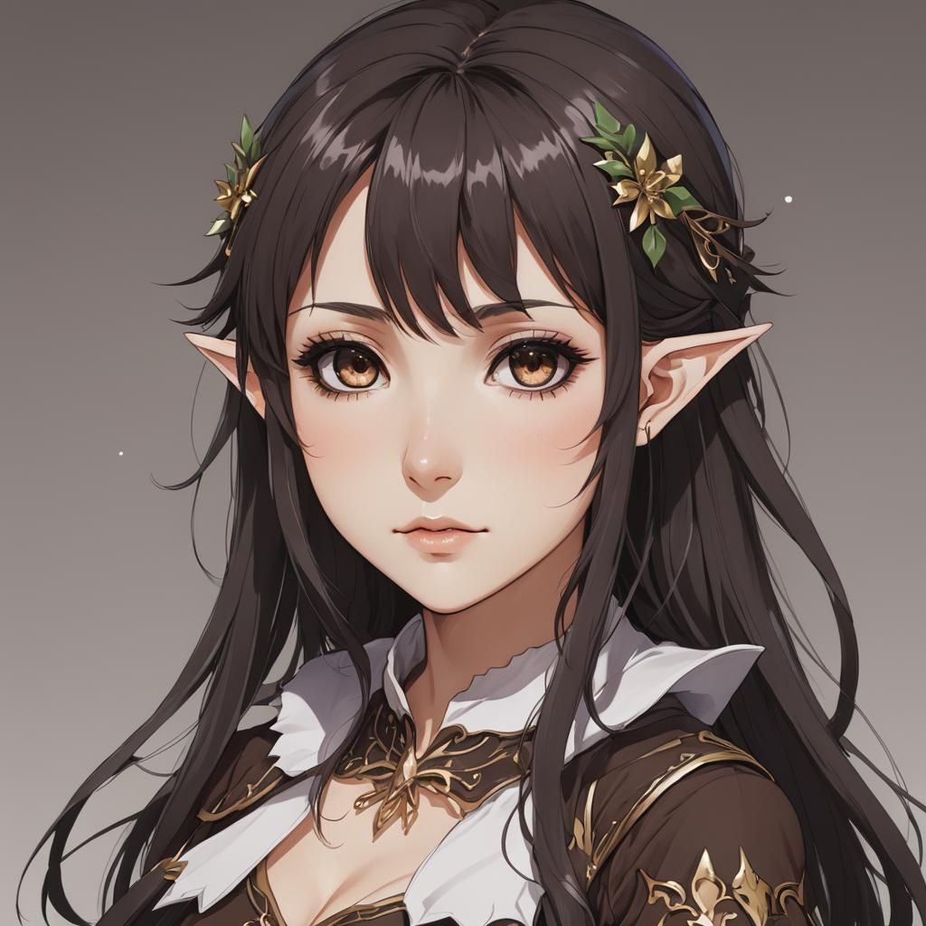 Anime Elf Girl with Dark Brown Hair and Eyes