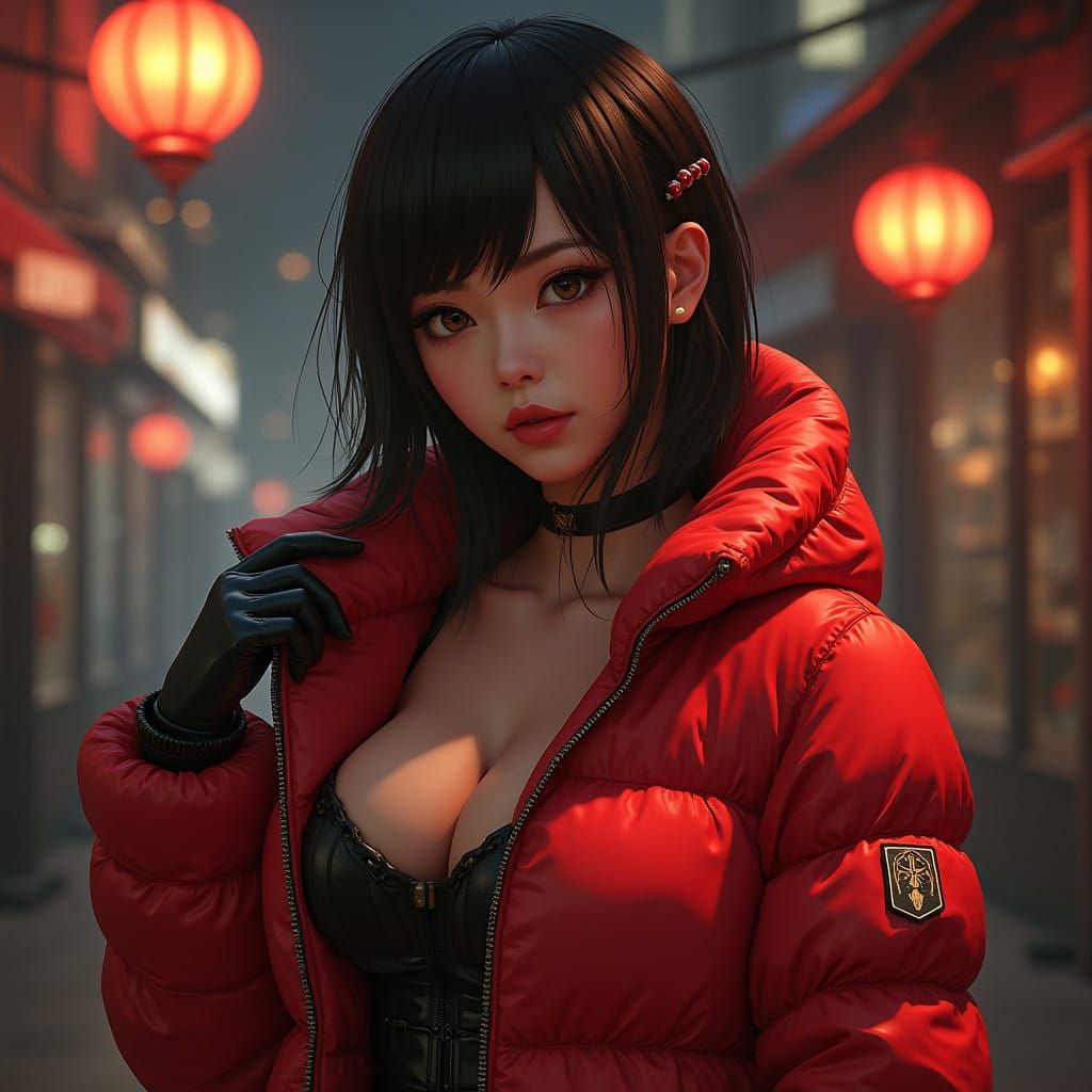 (Ada Wong Resident Evil "Pin-Up" Woman style) wearing a brig...