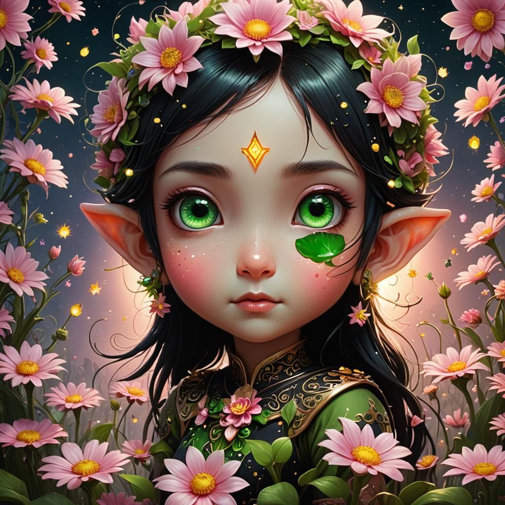 Charming Pink Elf with Glowing Eyes, 2D Game Art