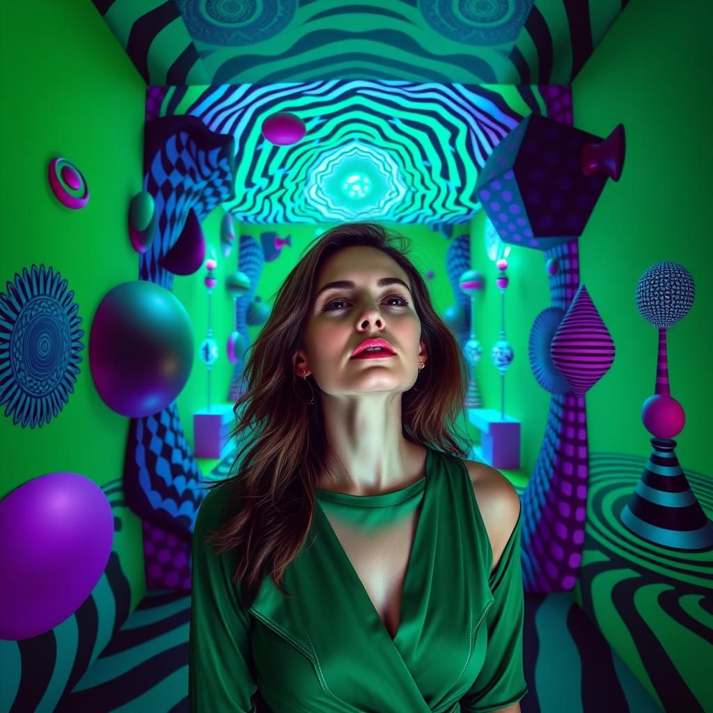 Surreal Optical Illusion Room in Op Art Style