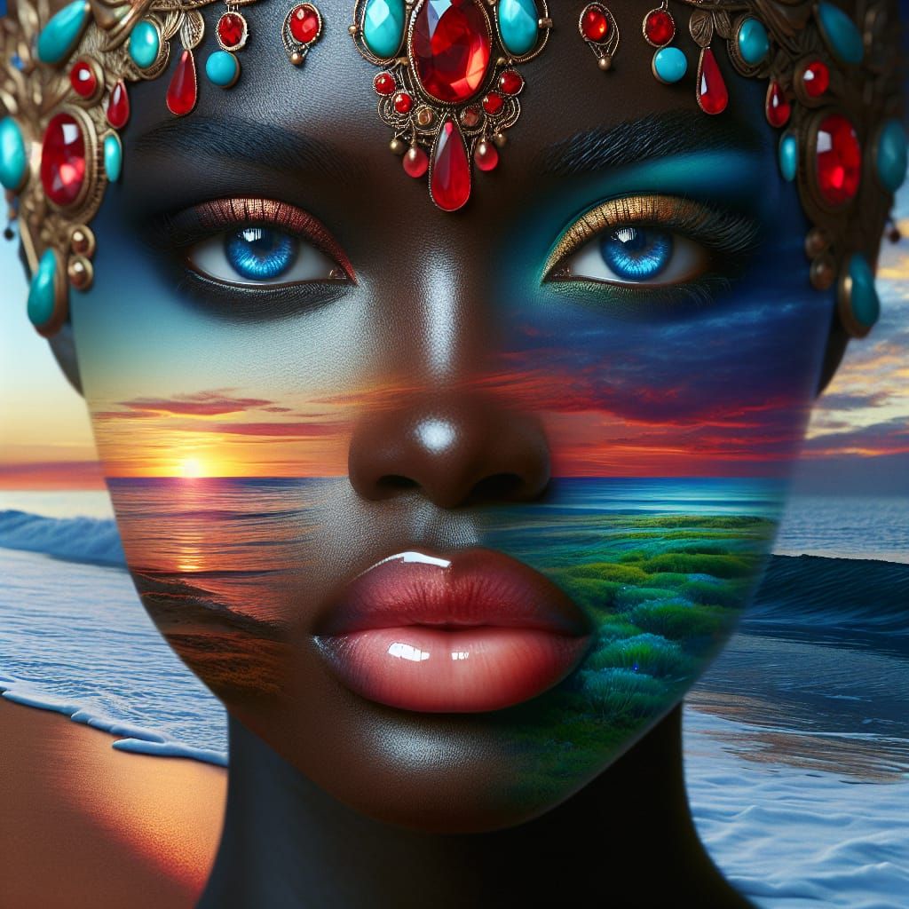 Surreal Portrait: Woman Merging with Ocean Sunset