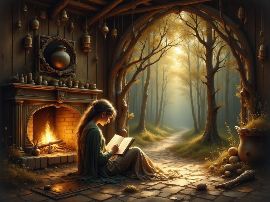 Ethereal Forest Cabin Scene with Figure Sketching