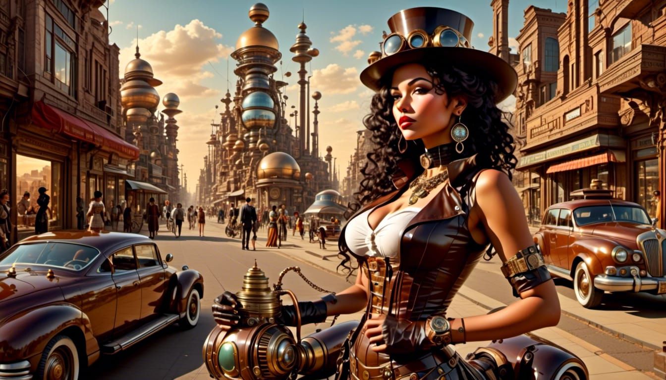 Steampunk Cityscape with Egyptian Woman, Oil Painting