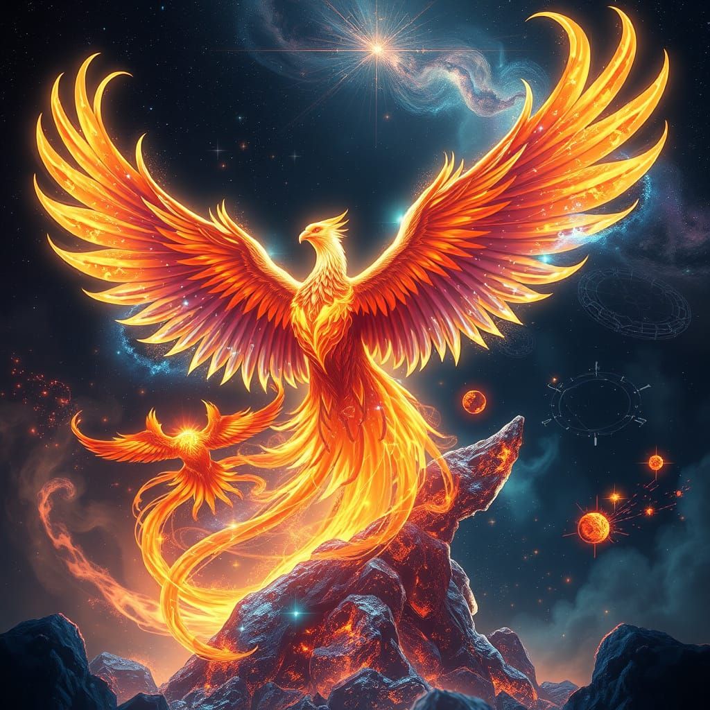 Bioluminescent Phoenix Rising from Dying Star in Digital Art