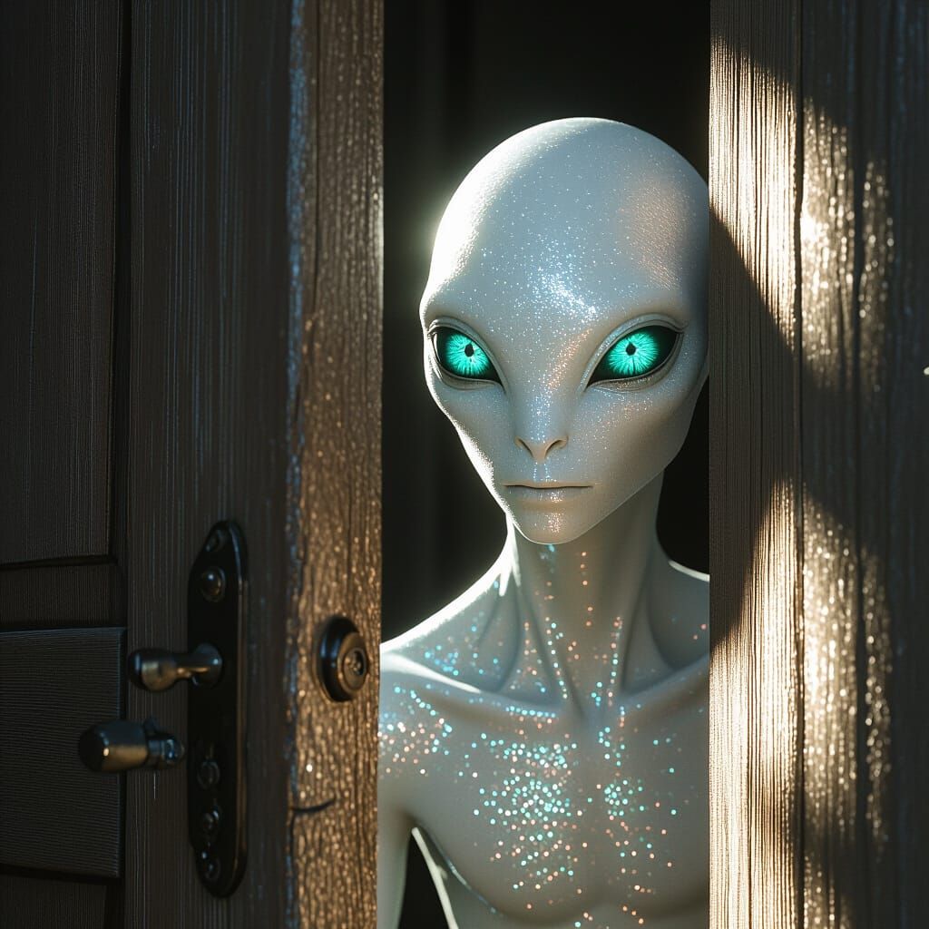Alien Peeks From Ancient Door in Cinematic Lighting