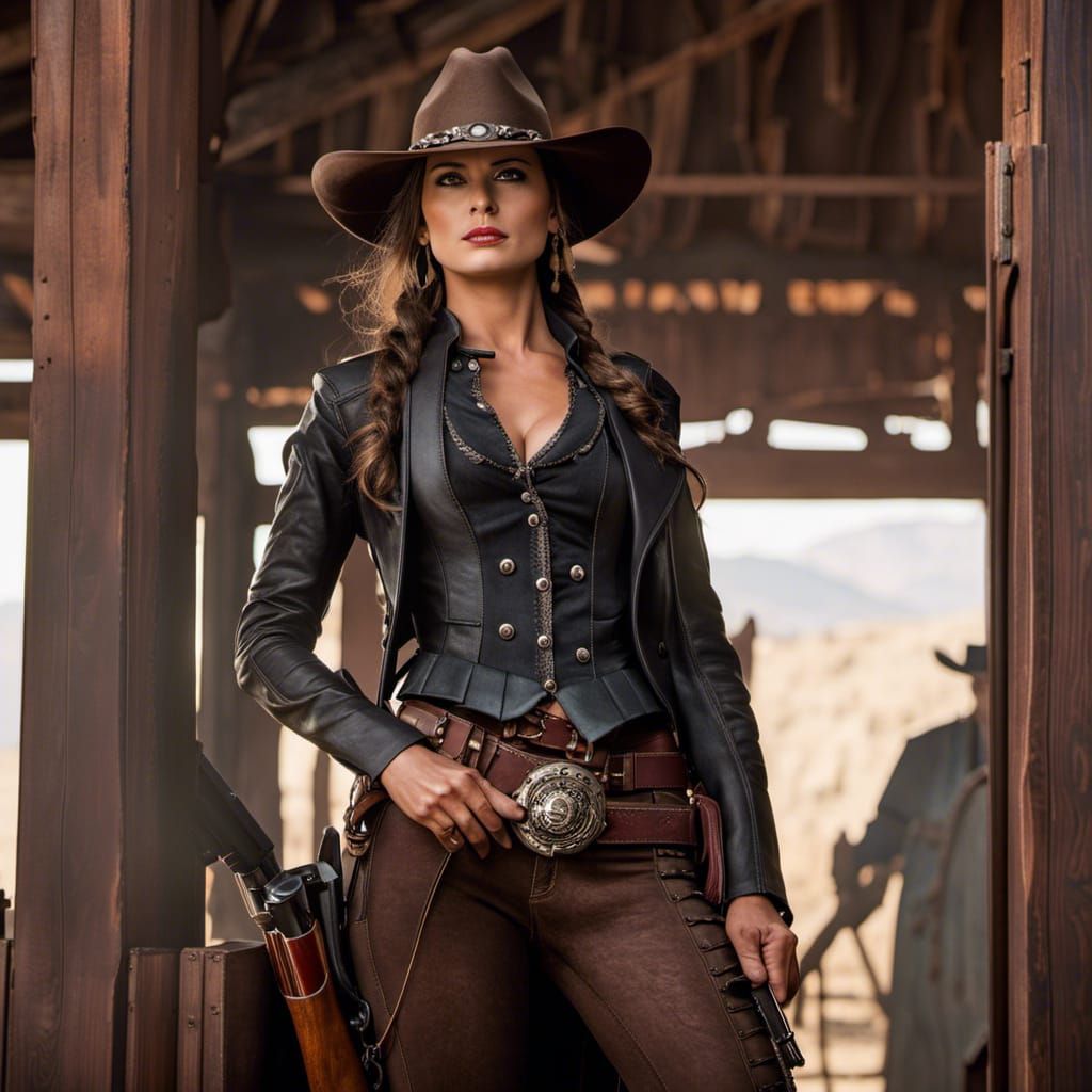 Confident Female Gunslinger at Saloon Entrance