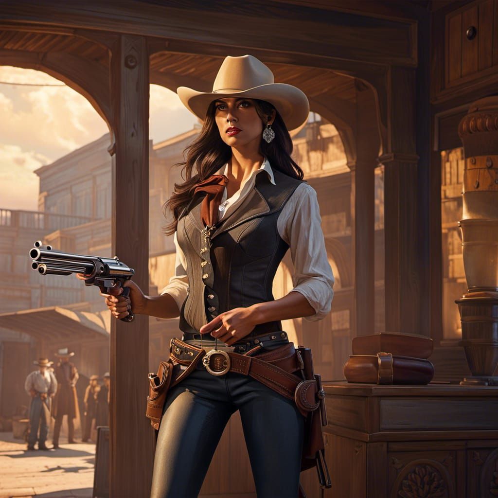 Confident Female Gunslinger at Saloon Entrance