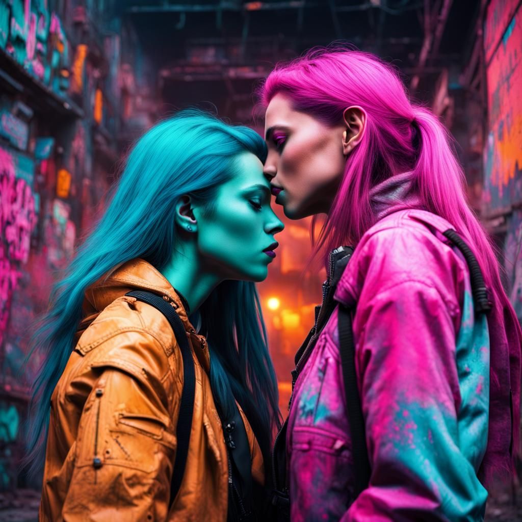 Cyberpunk Kiss in Post-Apocalyptic Wasteland