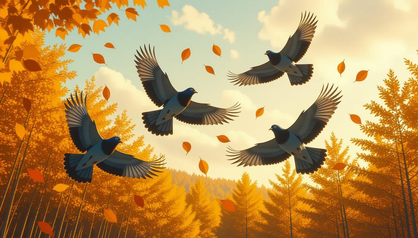 Passenger Pigeons Soaring Over Autumn Forest: Painterly Real...