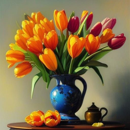 Tulip Bouquet Still Life in Oil Painting Style