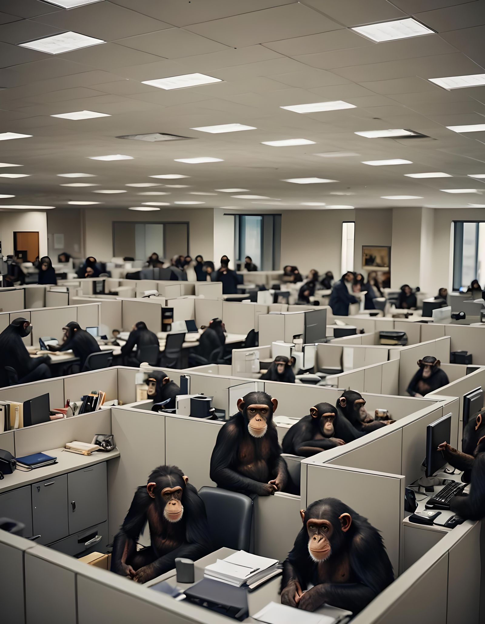 Chimpanzees Working in a Cavernous Office