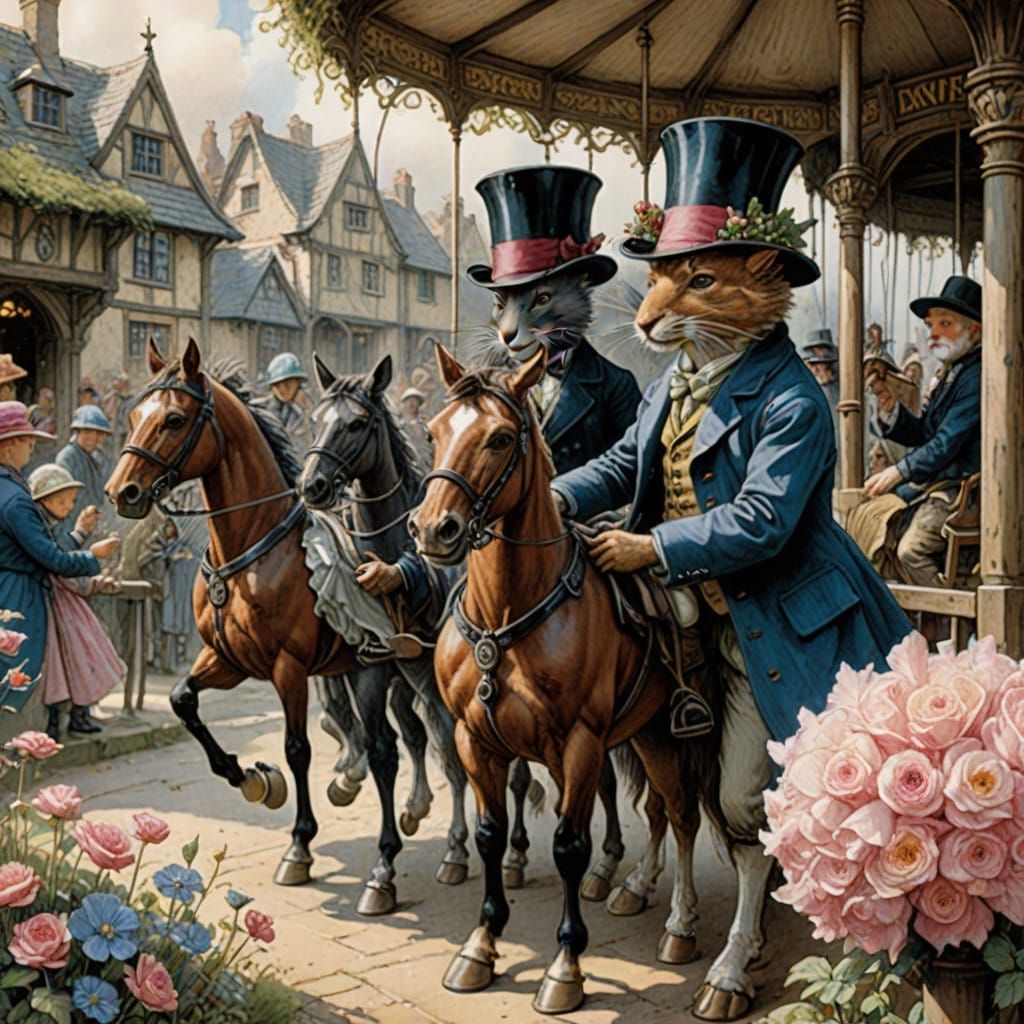 Bluejays in Whimsical Hats Enjoy Cotton Candy on a Merry-Go-...