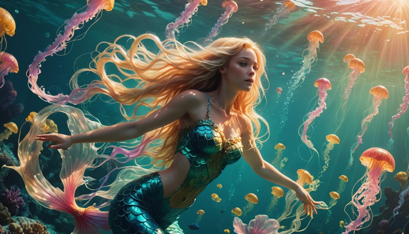 Mermaid and Jellyfish in Bioluminescent Ocean