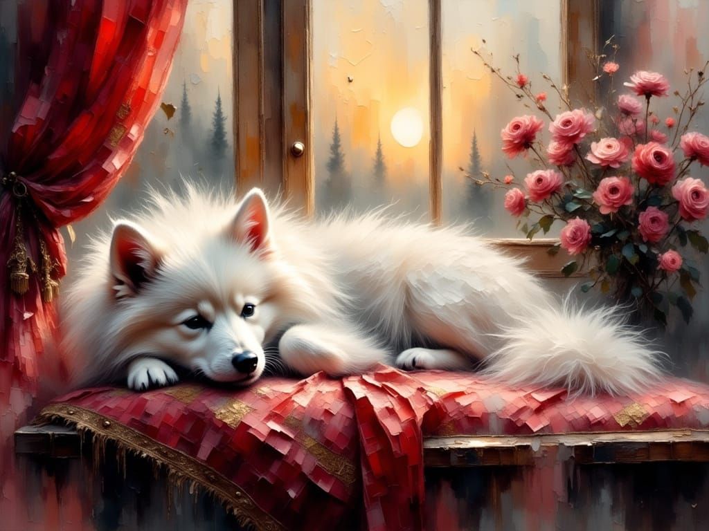 Surreal Impasto Painting of a Serene Eskimo Dog in a Dreamli...