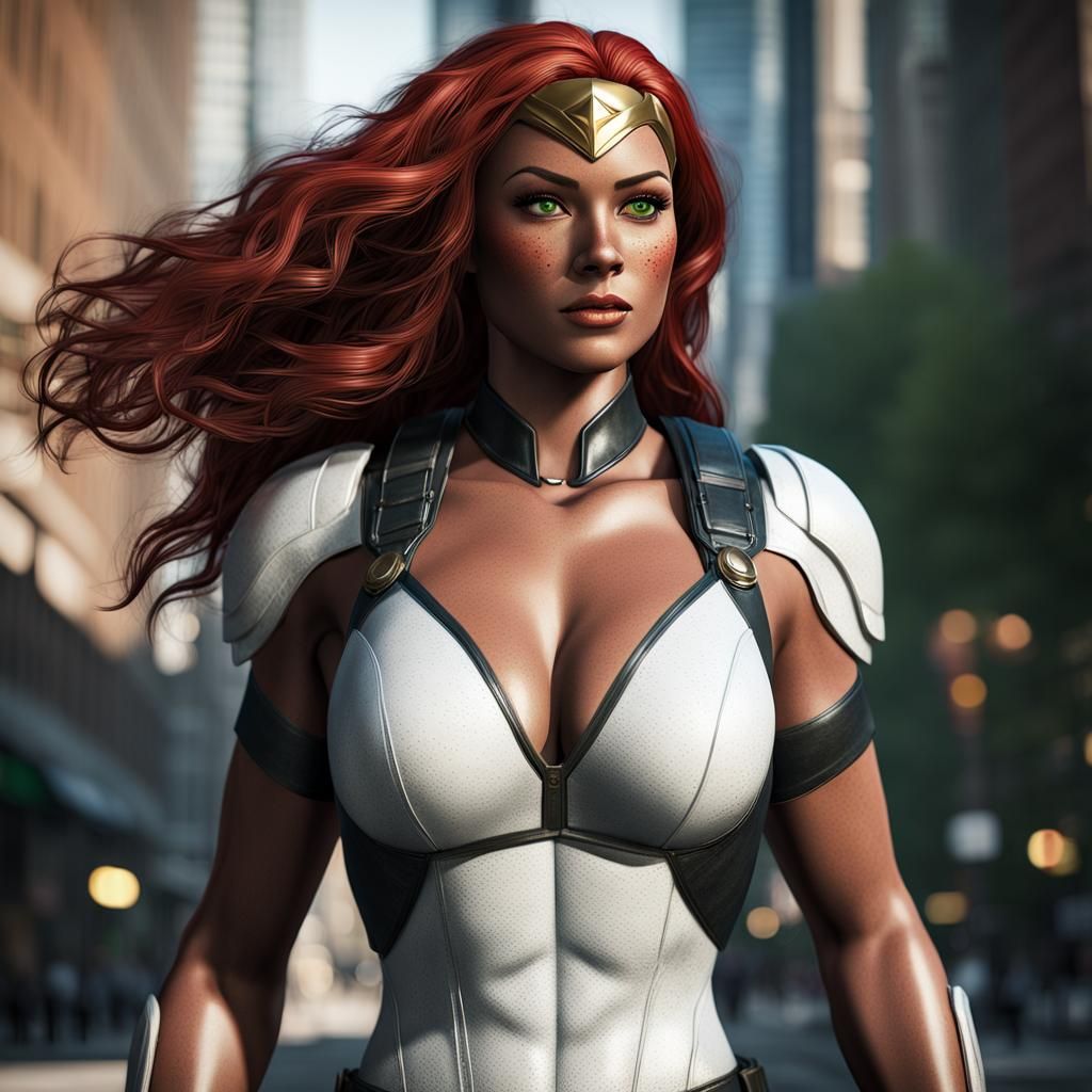 Freckled Redhead Superheroine in Photorealistic 3D Render