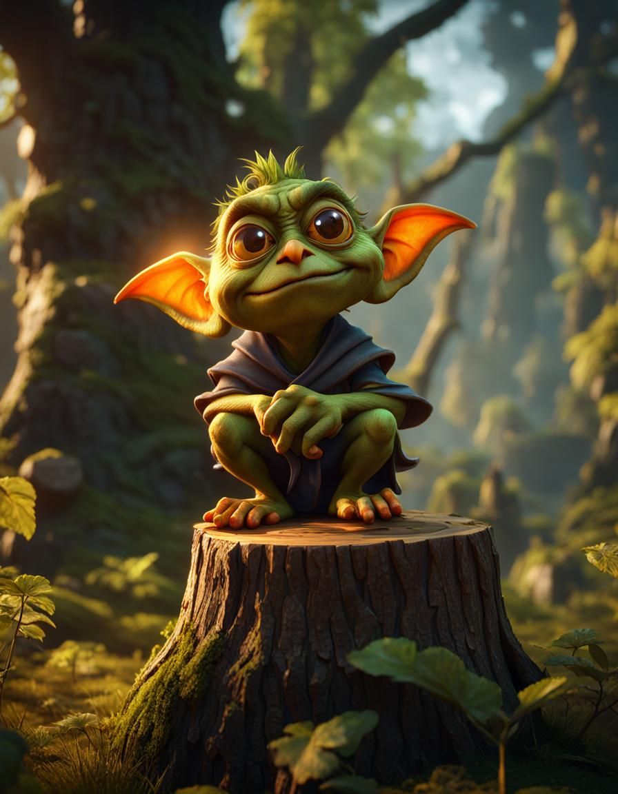 Orange Goblin on Stump in 3D Game Style