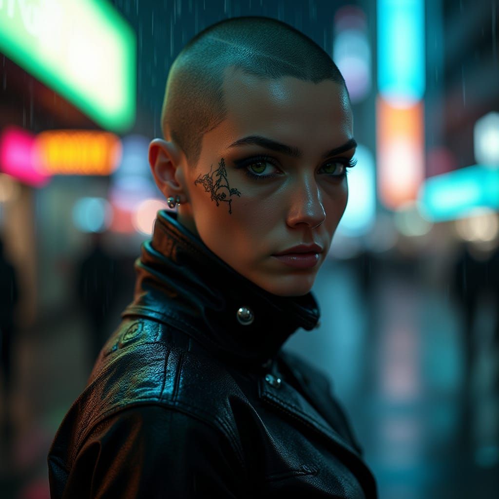 Futuristic Woman with Geometric Tattoos in Noir Cityscape