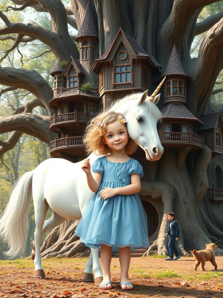 Little Girl in Whimsical Treehouse with Unicorn