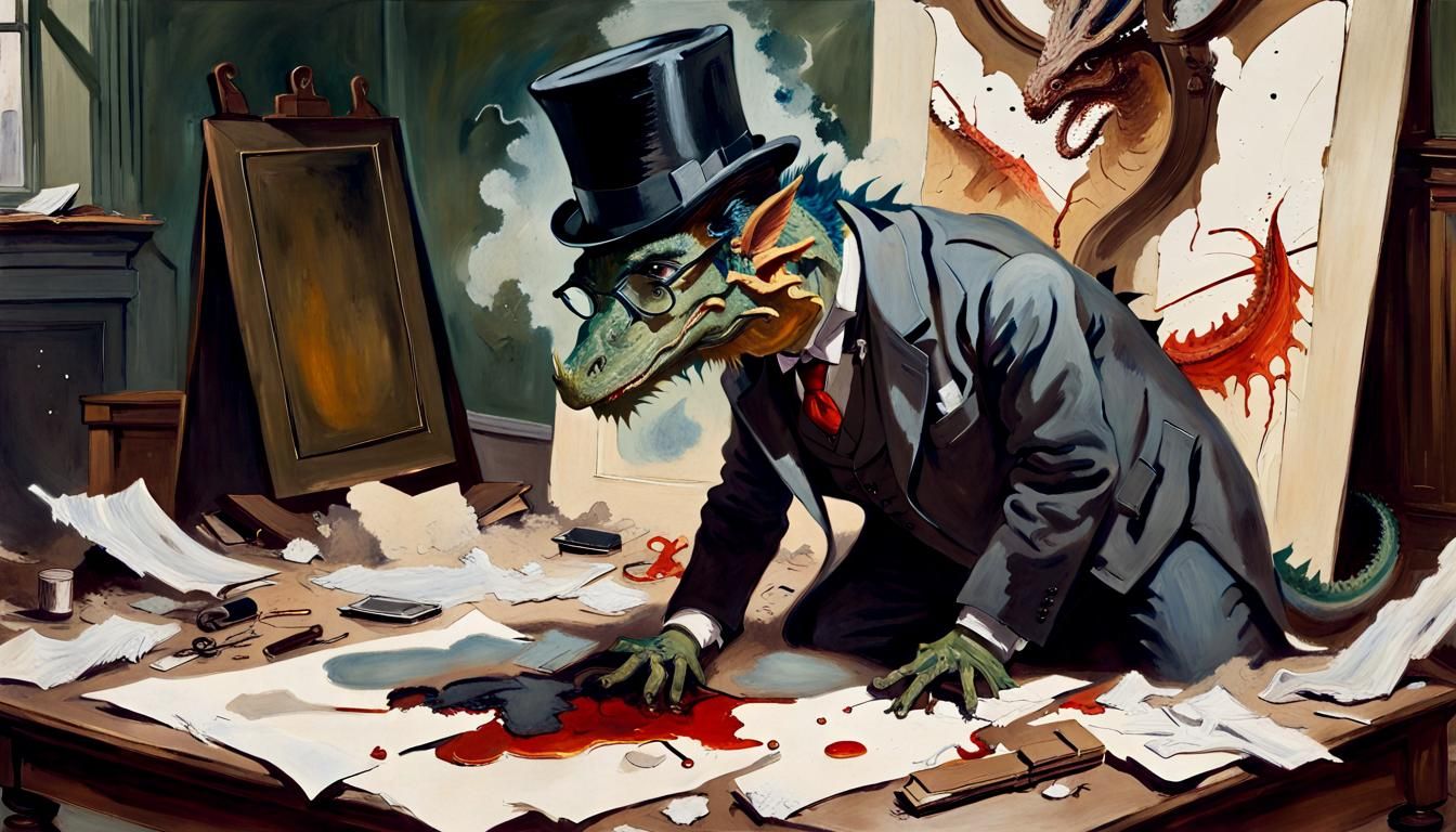 Detective Dragon at Crime Scene, Oil Gouache Portrait