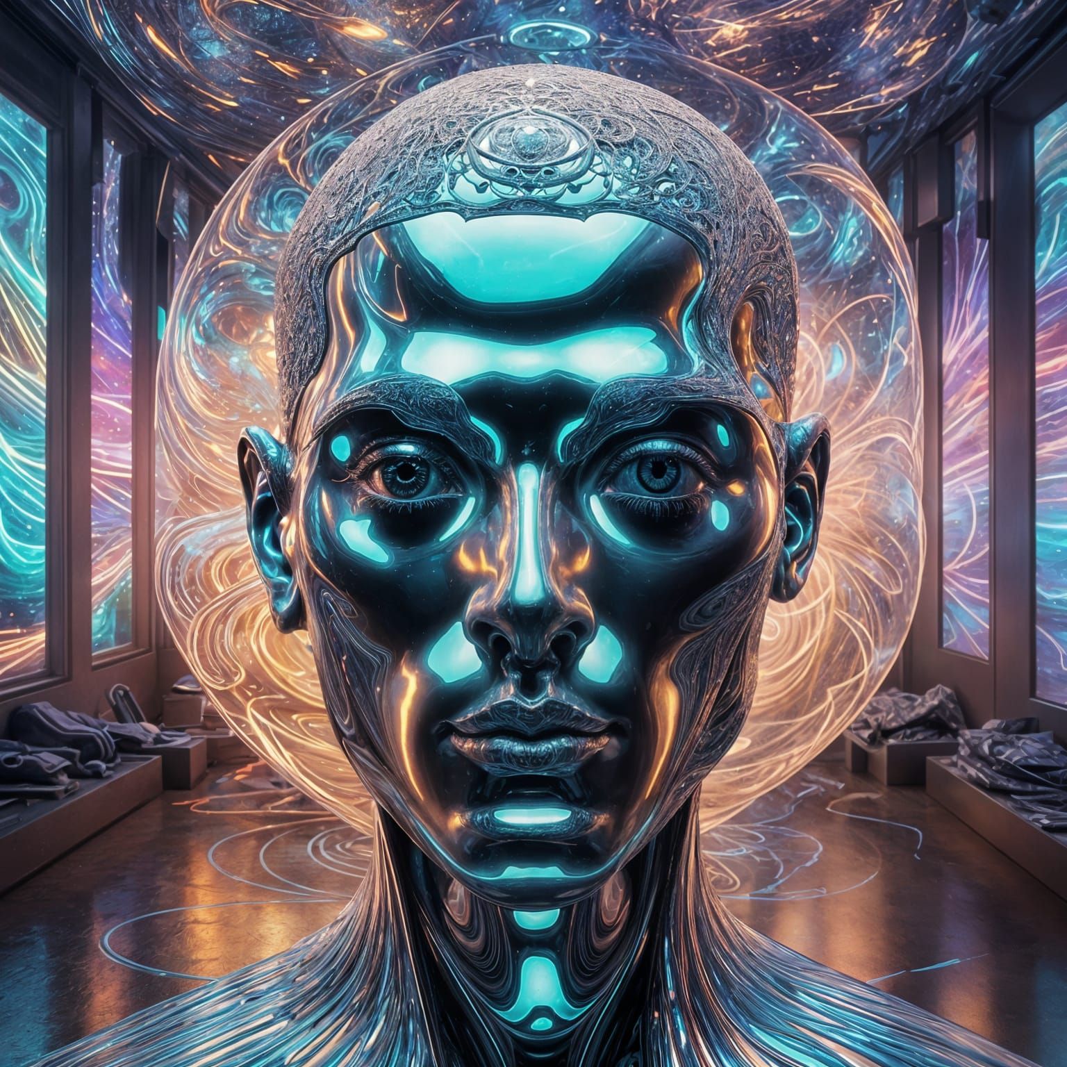 Ethereal Holographic Sculpture in Virtual Art Gallery