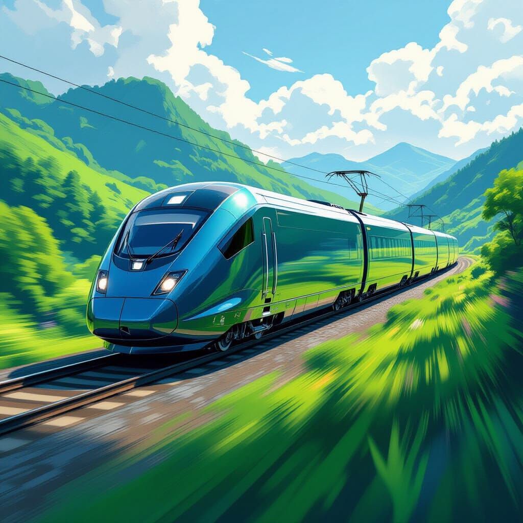 Futuristic Glass Train Through Emerald Landscape