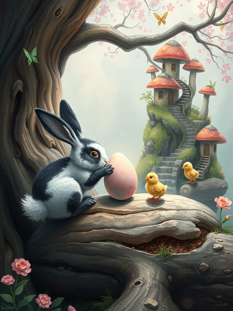 Enchanted Easter: Bunny in Fairy Village Scene