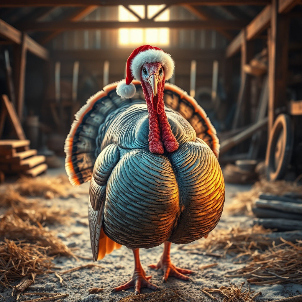 Festive Turkey in Santa Hat, Photorealistic Airbrush Art