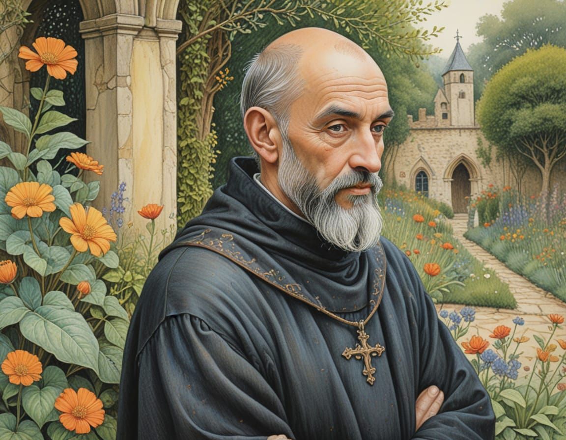 A Medieval Monk in a Whimsical Garden