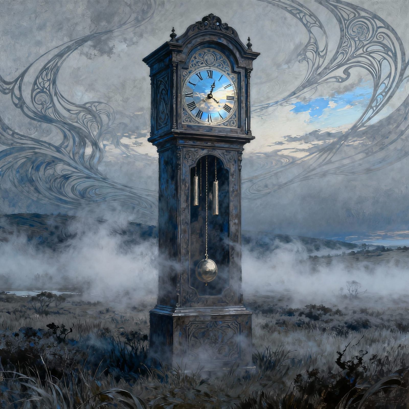 Colossal Grandfather Clock on Misty Moor in Art Nouveau Styl...