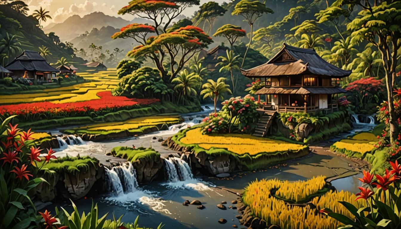Bali Waterfall and Rice Terraces in Realism Style